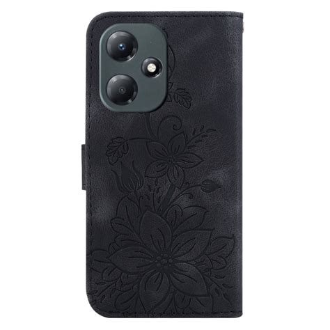 Pour Infinix Hot Play X Étui de téléphone en cuir gaufré Lily Noir