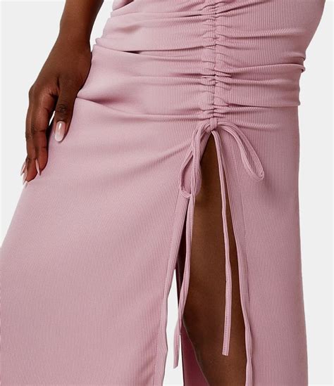 Womens High Waisted Ruched Drawstring Split Hem Ribbed Midi Skirt Halara