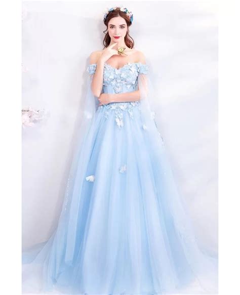 Dreamy Fairytale Blue Tulle Long Prom Dress Off Shoulder With