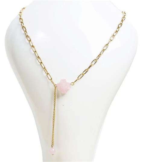 Collier Chaine Acier Inoxydable Dor Pendentif Croix Quartz Rose A