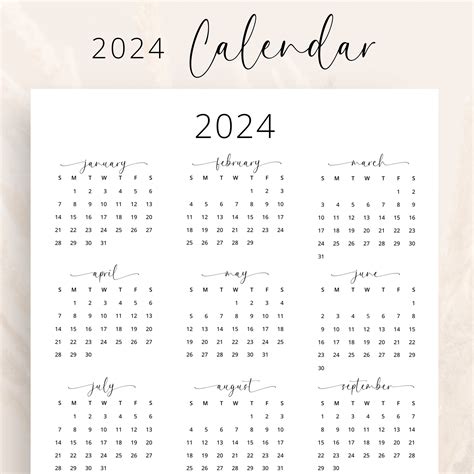 2024 Yearly Calendar Printable 2024 Calendar Vertical Calendar 2024