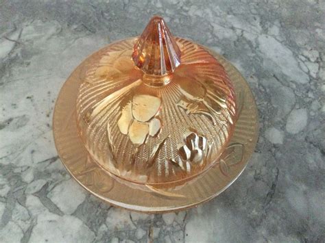 Carnival Glass L Covered Cheese Dish Butter Jeannette Iris