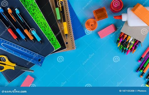 Back To School School Supplies On Blue Background Stock Photo Image