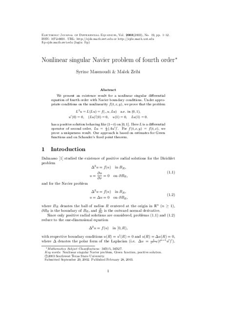 Pdf Nonlinear Singular Navier Problem Of Fourth Order