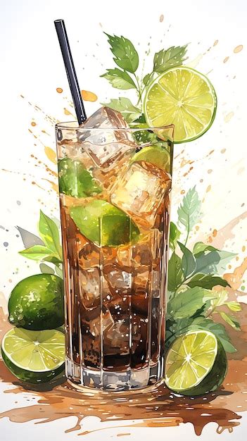 Premium Photo Watercolor Cuba Libre Cocktail With Drops And Splashes