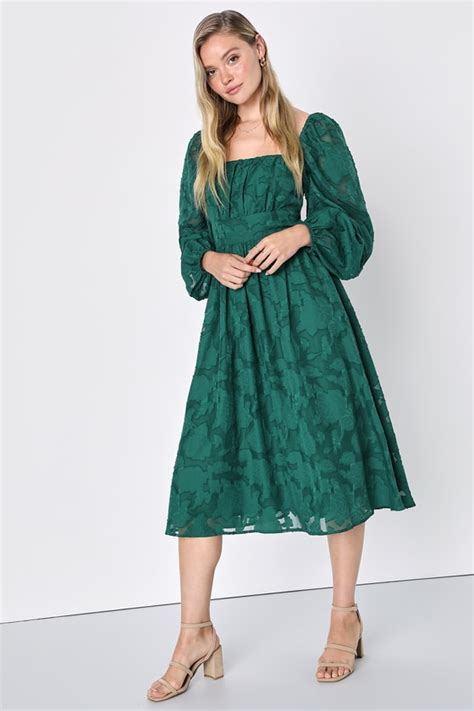 Floral Jacquard Dress Lace Up Midi Dress Emerald Dress Lulus