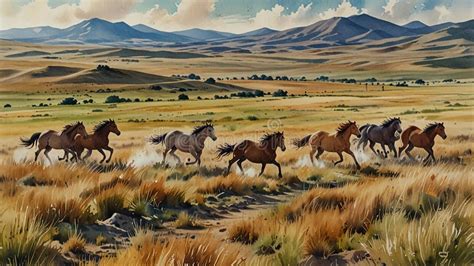 watercolor painting  expansive steppe landscape  rolling hills