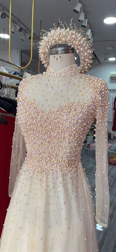 Nude Cream Ivory Vietnamese Wedding Ao Dai With Sparkly Beadings Or Glitter Tulle Optional