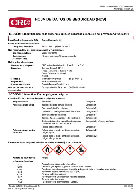 Grasa Blanca De Litio Crc N Mero De Versi N Hoja De Datos De