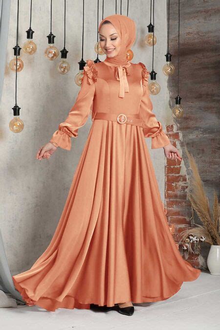 Satin Dark Salmon Pink Muslim Bridal Dress 27240ksmn Neva