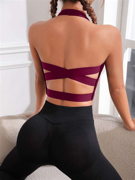 Shein Sport Studio Crisscross Backless Crop Halter Neck Backless Sports