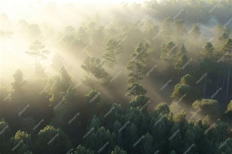 premium photo aerial view  misty pine forest  sunrise  summer