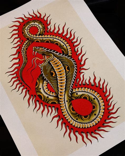 Traditional snake with fire tattoo flash idea design | Traditional ...