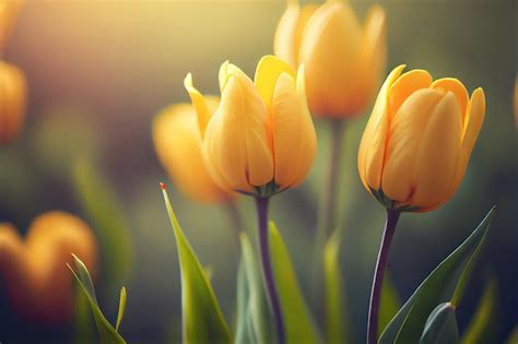 Premium Photo | Yellow tulips closeup with blurred background 3d ...