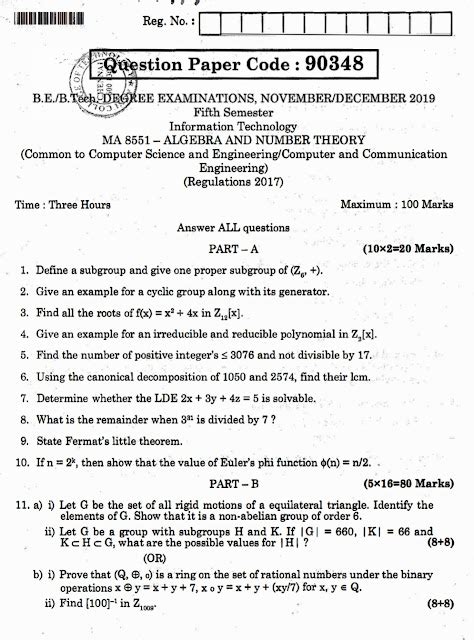 Ma8551 Algebra And Number Theory Nov Dec 2019 Question Paper