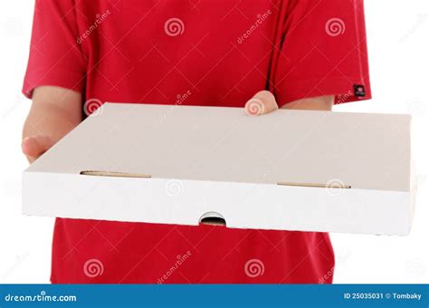 Junge Im Roten Hemd Liefert Einen Pizzakasten Stockbild Bild Von