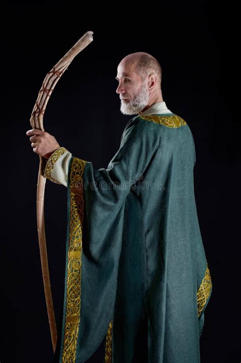 Powerful Wizard Holds A Wooden Magic Staff Stock Photo Image Of Cloak