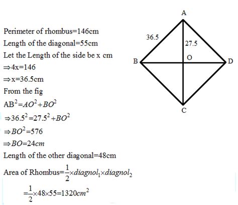 The perimeter of a rhombus is 146cm One of its diagonals is 55cm Find ...