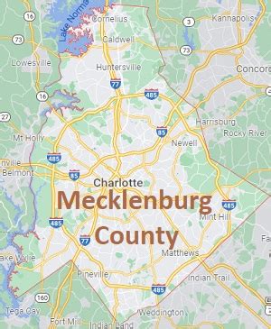 Mecklenburg County on the map of North Carolina 2024. Cities, roads, borders and directions in ...