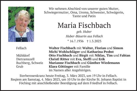 Traueranzeigen Von Maria Fischbach Trauer Merkur De