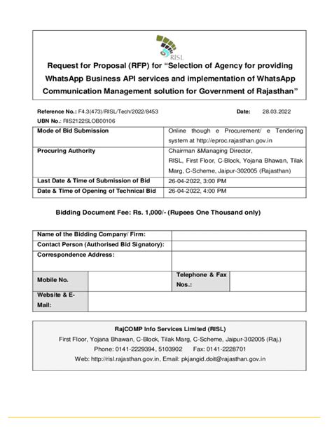 Fillable Online Risl Rajasthan Gov Request For Proposal RFP For