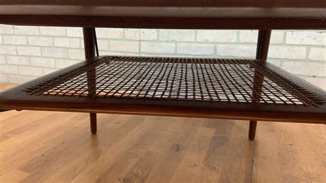 Vintage Danish France And Son Teak Coffee Table With Rattan Lower Shelf