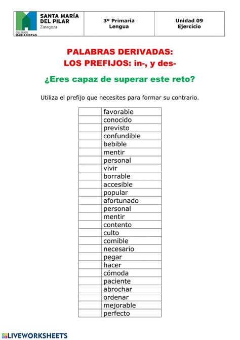 Ejercicio De Prefijo In Y Des Prefijos Prefijos Y Sufijos Prefijo