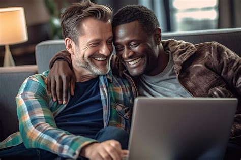 Pareja Gay Masculina Abraz Ndose Y Mirando Una Computadora Port Til Mientras Sonr E Sentado En