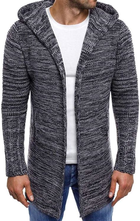 Mens Vintage Long Hoodie Knitting Cardigan Solid Color Slim Fit