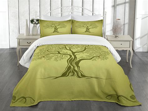 Ambesonne Olive Green Quilted Bedspread Set Pcs Olive Tree Pattern