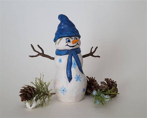 Wooden Snowman Hand Carved Wood Carving Etsy Wooden Snowman Hand