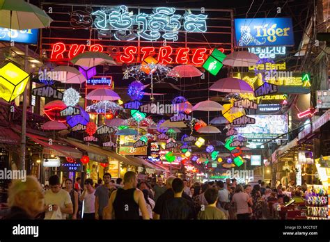 Siem Reap Pub Street At Night Crowded With Tourists Going Out Eating