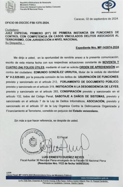 La Fiscalía de Venezuela solicita orden de aprehensión contra Edmundo