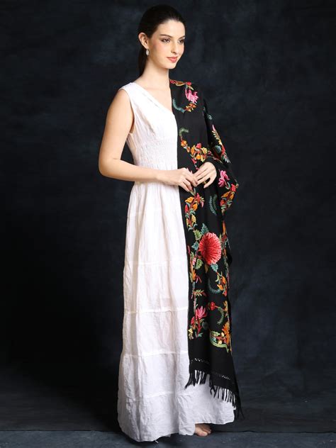 Moonless Night Floral Hand Aari Embroidered Pure Wool Stole From