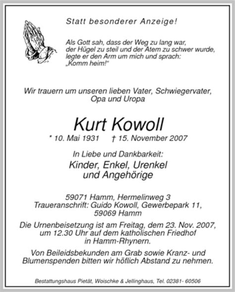 Traueranzeigen Von Kurt Kowoll Trauer Nrw