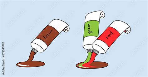 Mixing red and green paint gives brown. Tubes of paint and color names ...