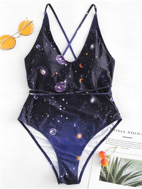 Zaful Galaxy Criss Cross One Piece Swimsuit Backless Criss Cross High