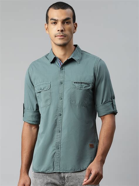 Buy The Roadster Lifestyle Co Men Sea Green Pure Cotton Regular Fit