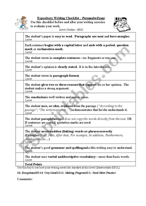 Writing Checklist Rubric Persuasive Paragraph Or Essay Esl