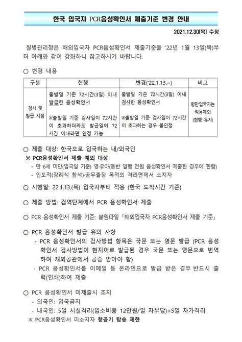 한국 입국자 Pcr음성확인서 제출기준 변경 안내 상세보기코로나19 관련 동향숨김주태국 대한민국 대사관