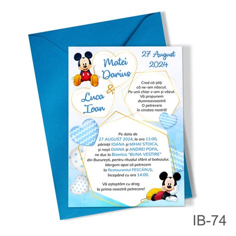 Invitatii Botez Gemeni Baieti Cu Plic Colorat Mickey Mouse IB