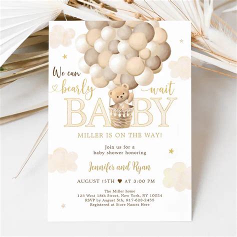 Gold Teddy Bear Hot Air Balloon Baby Shower Invitation Zazzle