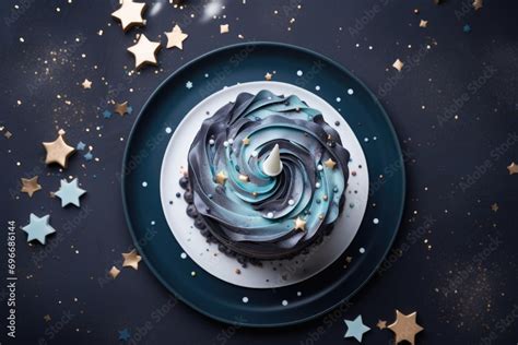 Cupcake With Blue Buttercream Frosting And Star Confetti On Dark