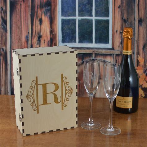 Wood Champagne Flute T Box With 2 Crystal Flutes Personalized By You