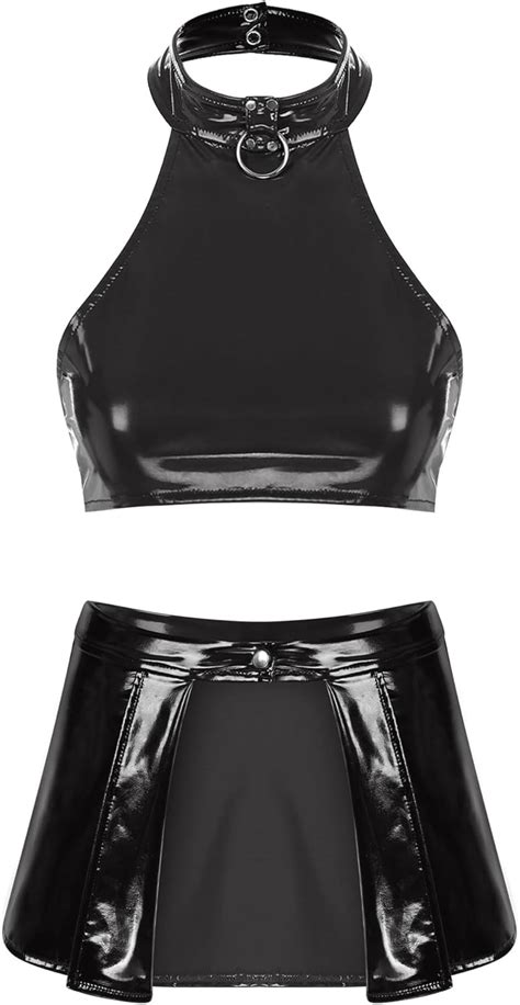 Amazon Iiniim Women Sexy Wet Look Lingerie Set Glossy Backless Crop Top With Front Open