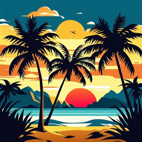 Premium Vector Set Of Palm Trees Or Beach Sunset Beach Illustration