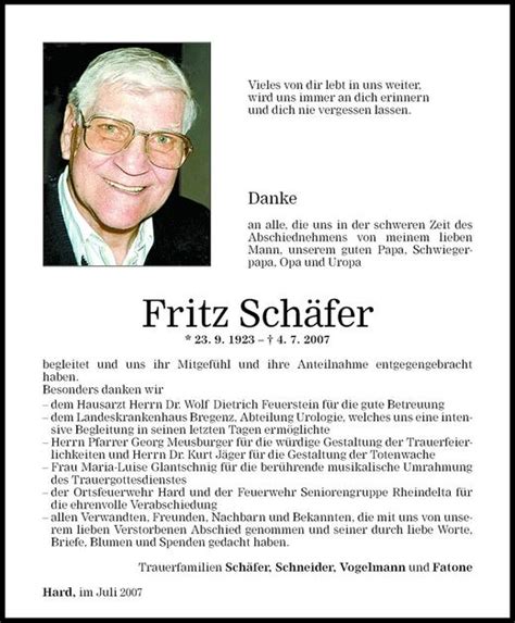 Todesanzeigen von Fritz Schäfer Todesanzeigen Vorarlberger Nachrichten