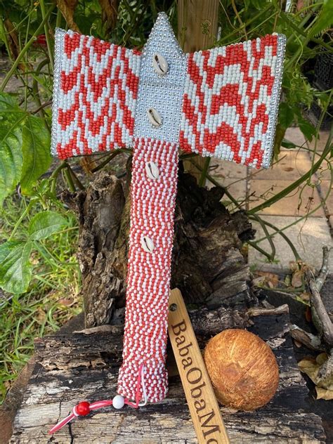 Shango Chango Orisha Solid Wood Hacha Adorned With Crystals Cowry