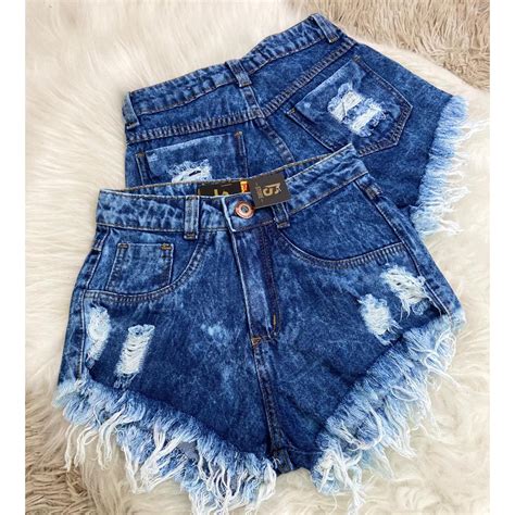 Short Jeans Bermuda Feminino Luxo Cintura Alta Destroyed Hot Pants Modela Bumbum Blogueira