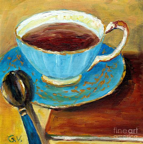 Tea In Blue Cup With Book And Spoon Original Oil Painting For Sale ...